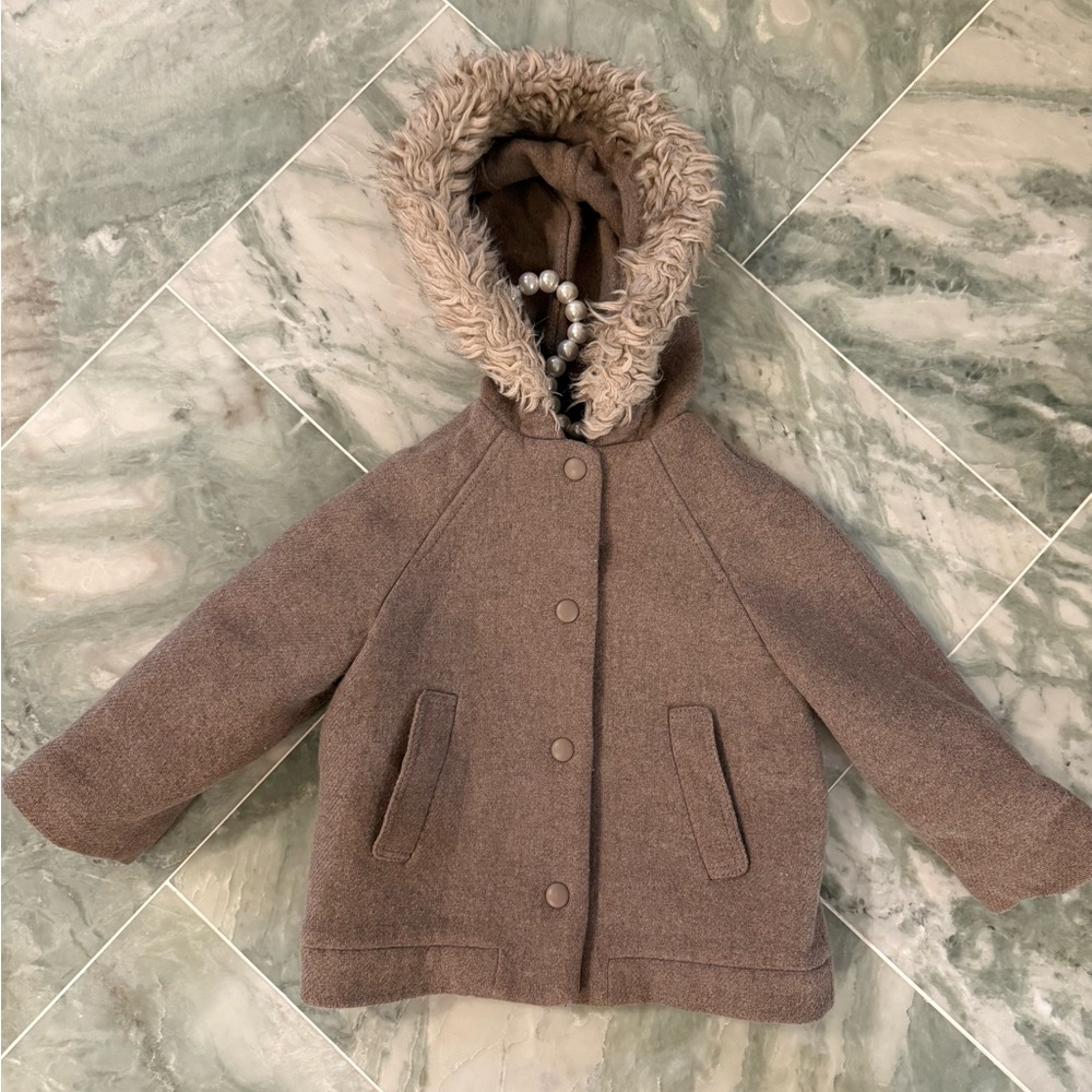 Zara Brown Kids Puffer Jacket with Faux Fur Hood